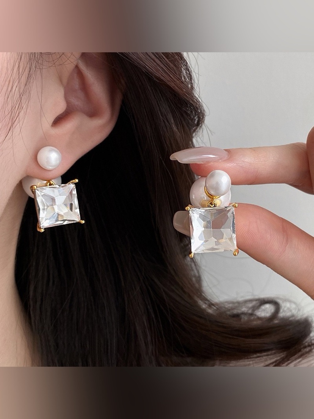 Pearl and Clear Crystal Square Drop Earrings with Gold Accents